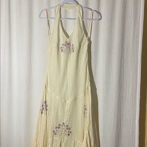 Elegant Cream Halter Dress with Floral Embroidery